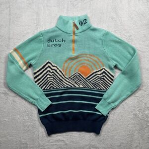 Dutch Bros Sweater Women Small Teal Mountain Sunset Graphic Quarter Zip Pullover